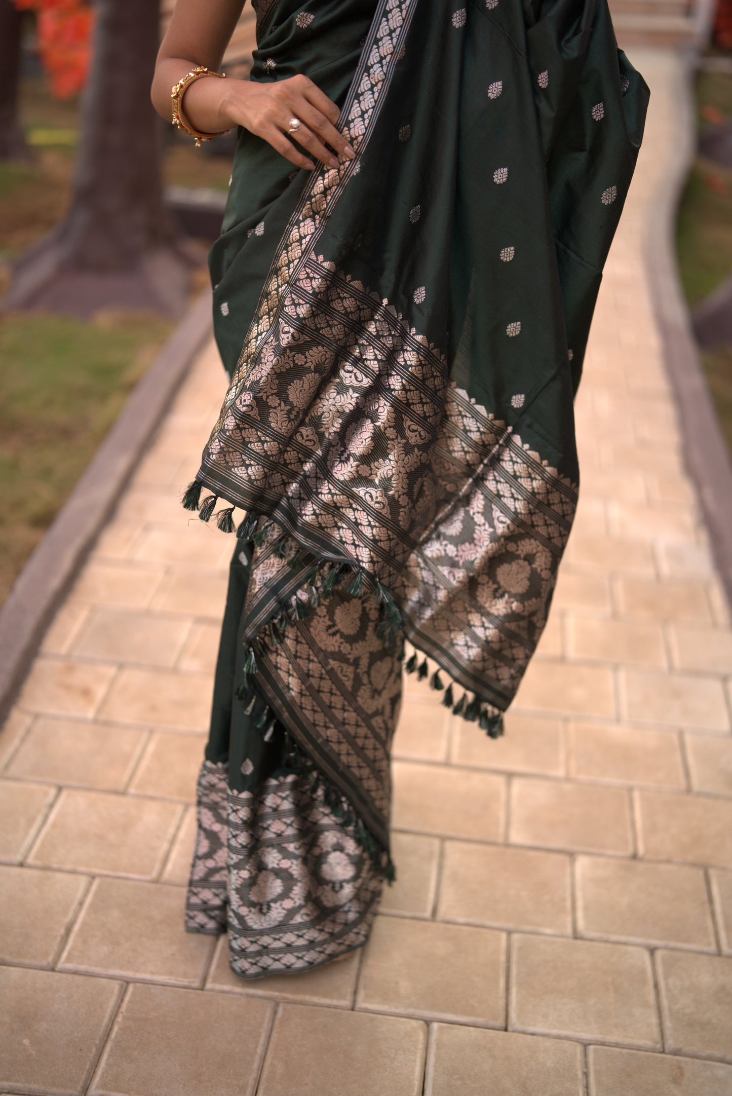 The "Emerald Night" Handwoven Silk Mekhela Sador with Silver Zari