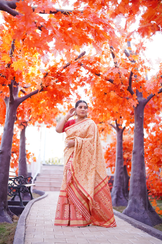 The "Swarna Raga" Handwoven Silk Mekhela Sador with Ruby Motifs & Golden Zari