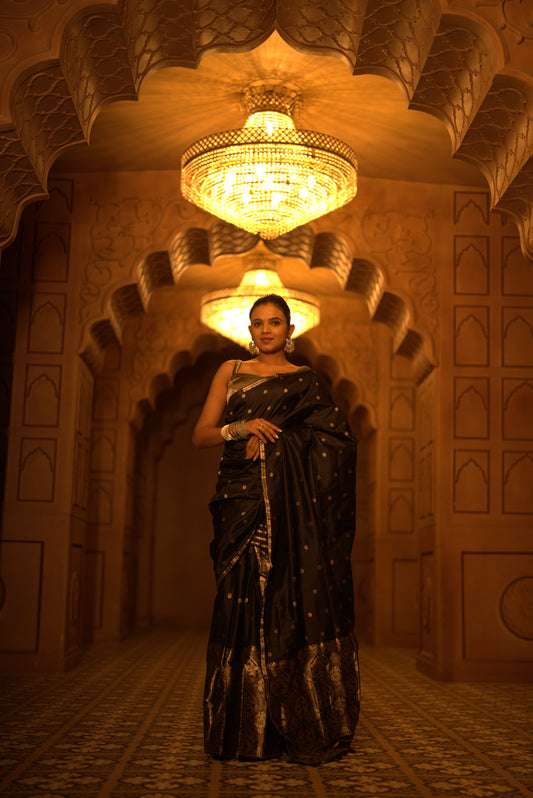 The "Midnight Silver" Handwoven Silk Mekhela Sador: A Timeless Statement