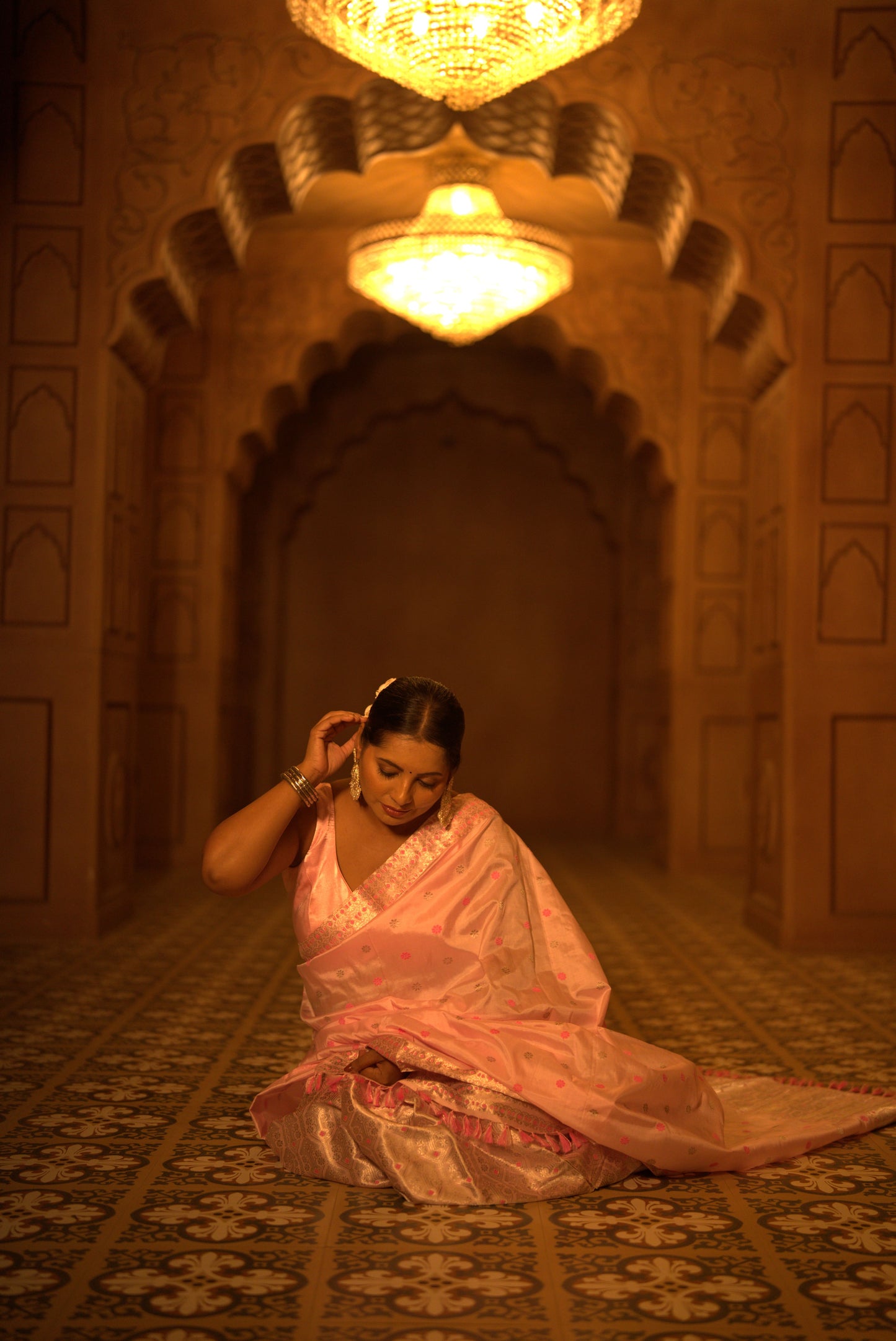 The "Blush Bloom" Handwoven Silk Mekhela Sador: An Aura of Gentle Grace