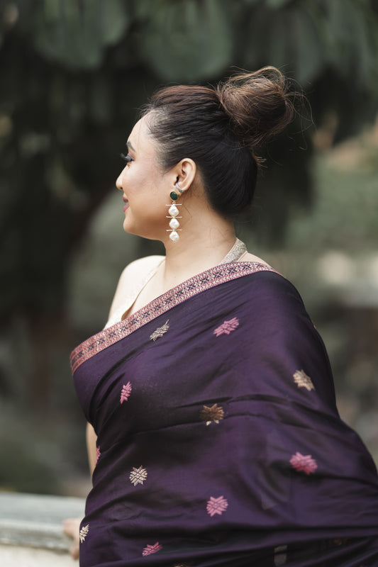 Plum Haze: Contemporary Modal-Mulberry Silk Saree with Floral Weave