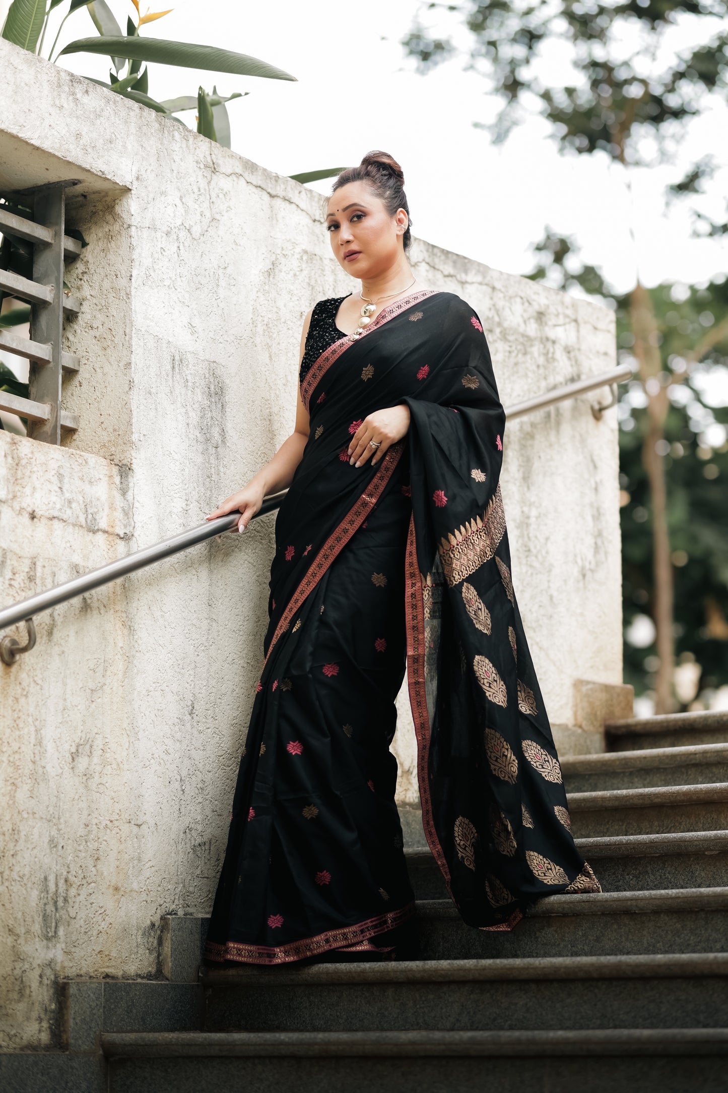 Obsidian Charm: Contemporary Modal-Mulberry Silk Saree with Floral Whispers