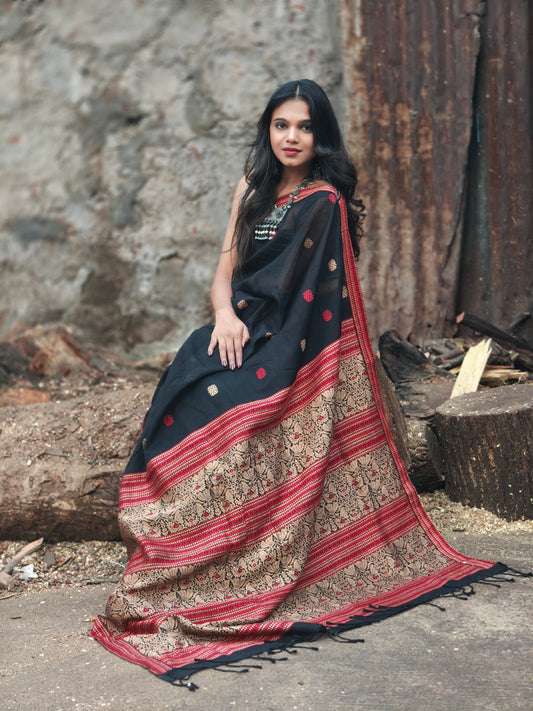 Kaaya BLACK | Handwoven Cotton–Raw Silk Blend Saree