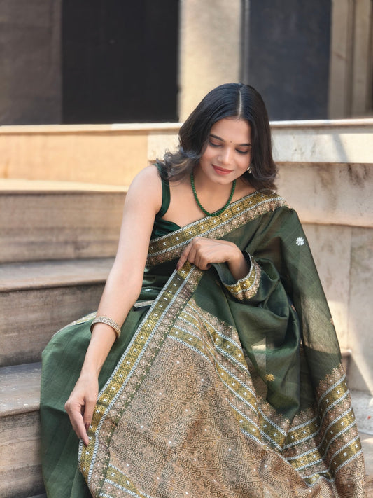 KAAYA OLIVE GREEN | Handwoven Cotton Saree with GOLDEN ZARI WORK