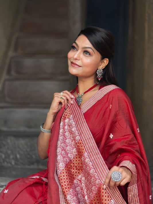 Kaaya Red | Handwoven Cotton Raw Silk Blend Saree