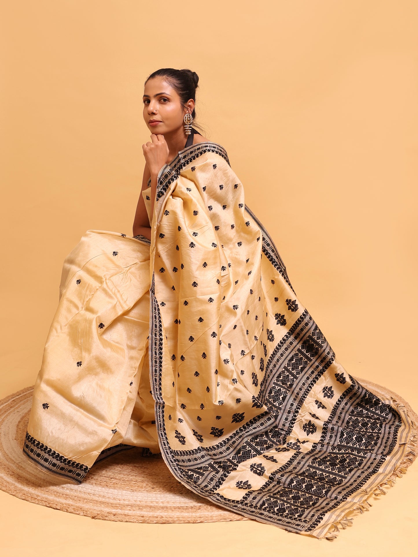 Tussar Silk With Black Thread Work