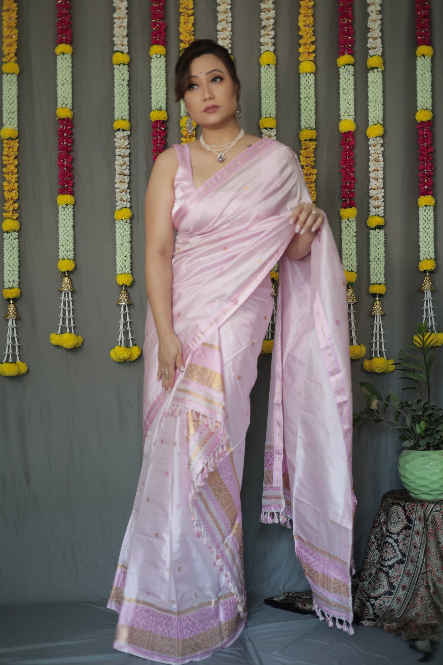 The "Gulabi" Handwoven Silk Mekhela Sador: A Blossom of Elegance