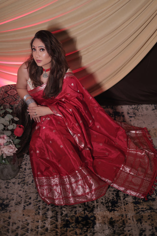 The "Rani Red" Handwoven Silk Mekhela Sador: A Regal Statement