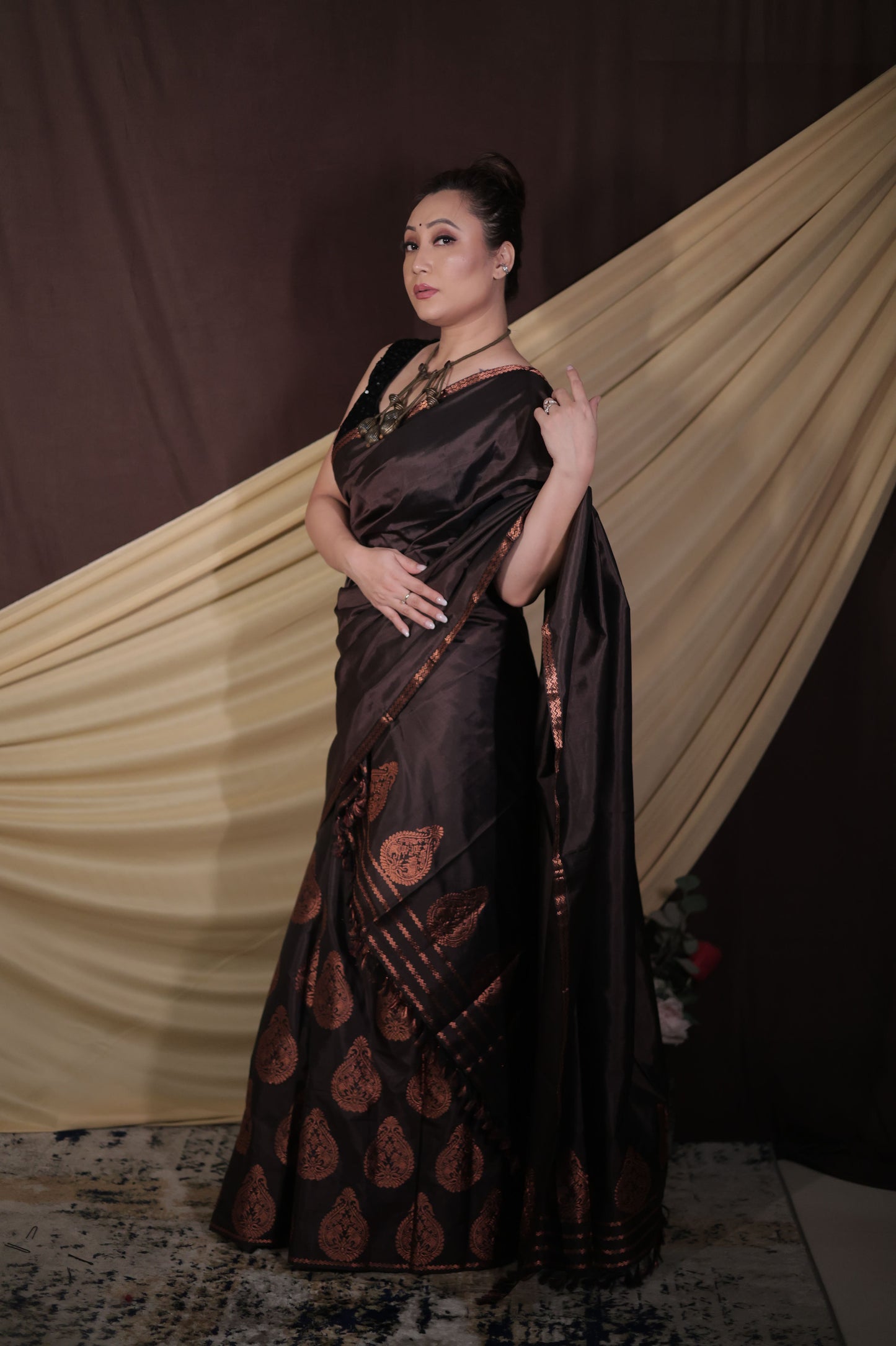 The "Earth's Embrace" Handwoven Silk Mekhela Sador with Copper Motifs