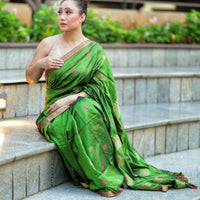 Verdant Charm: Contemporary Modal-Mulberry Silk Saree with Floral Whispers
