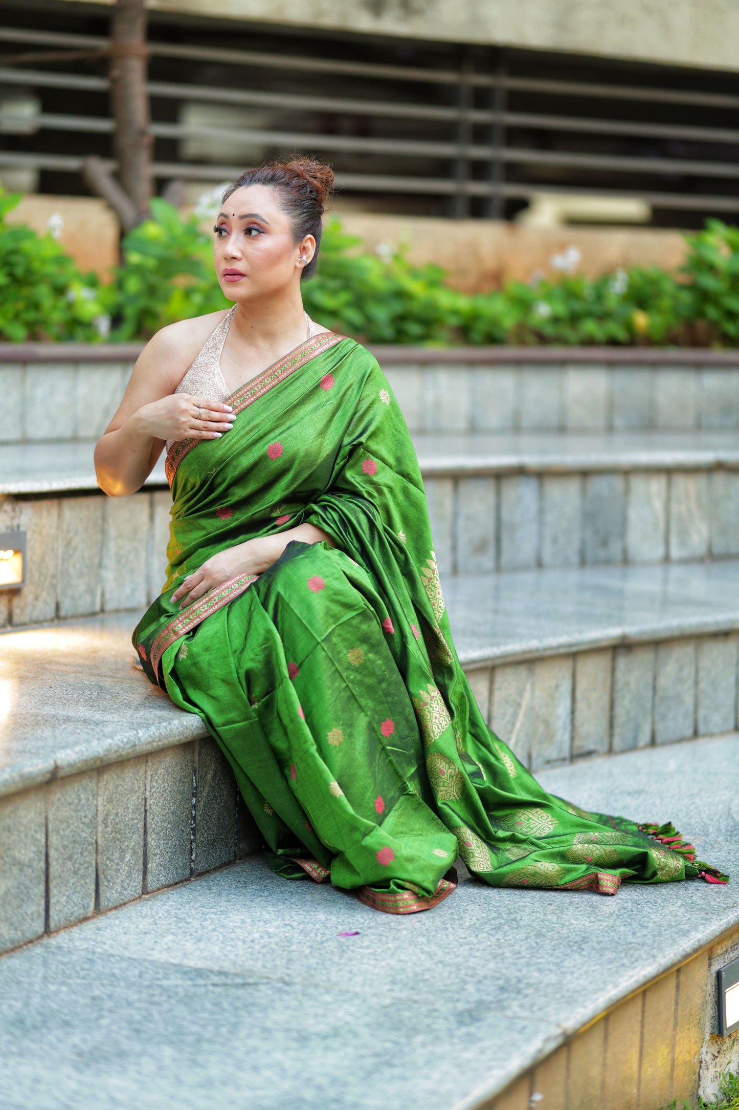 Verdant Charm: Contemporary Modal-Mulberry Silk Saree with Floral Whispers