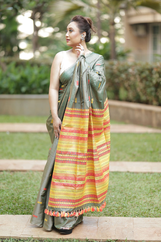 Olive Gold Radiance - Tussar X Mulberry Silk