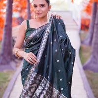 The "Emerald Night" Handwoven Silk Mekhela Sador with Silver Zari