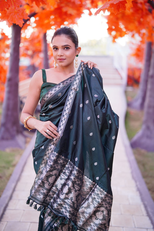 The "Emerald Night" Handwoven Silk Mekhela Sador with Silver Zari