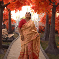 The "Swarna Raga" Handwoven Silk Mekhela Sador with Ruby Motifs & Golden Zari