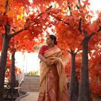 The "Swarna Raga" Handwoven Silk Mekhela Sador with Ruby Motifs & Golden Zari