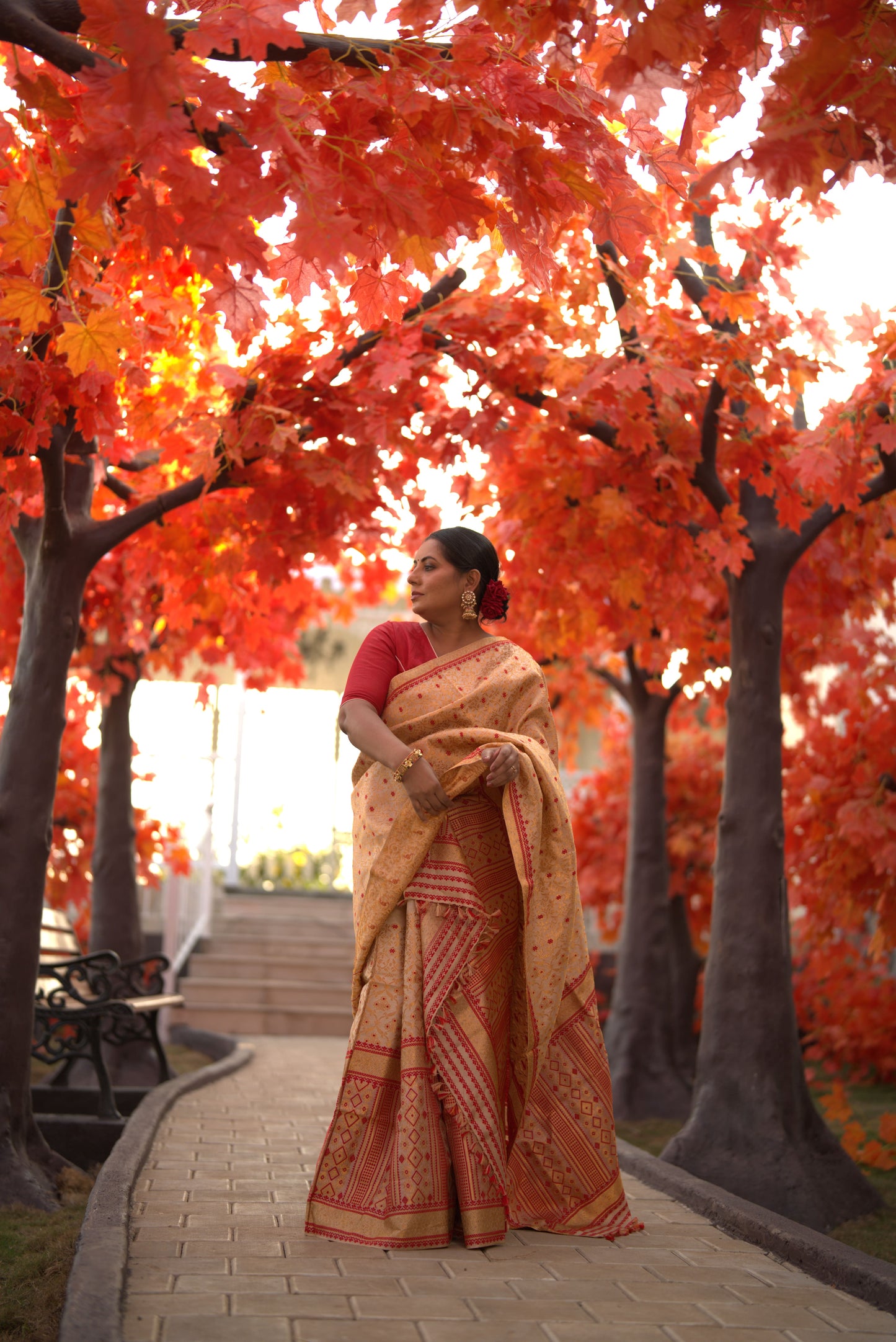The "Swarna Raga" Handwoven Silk Mekhela Sador with Ruby Motifs & Golden Zari