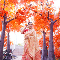 The "Swarna Raga" Handwoven Silk Mekhela Sador with Ruby Motifs & Golden Zari