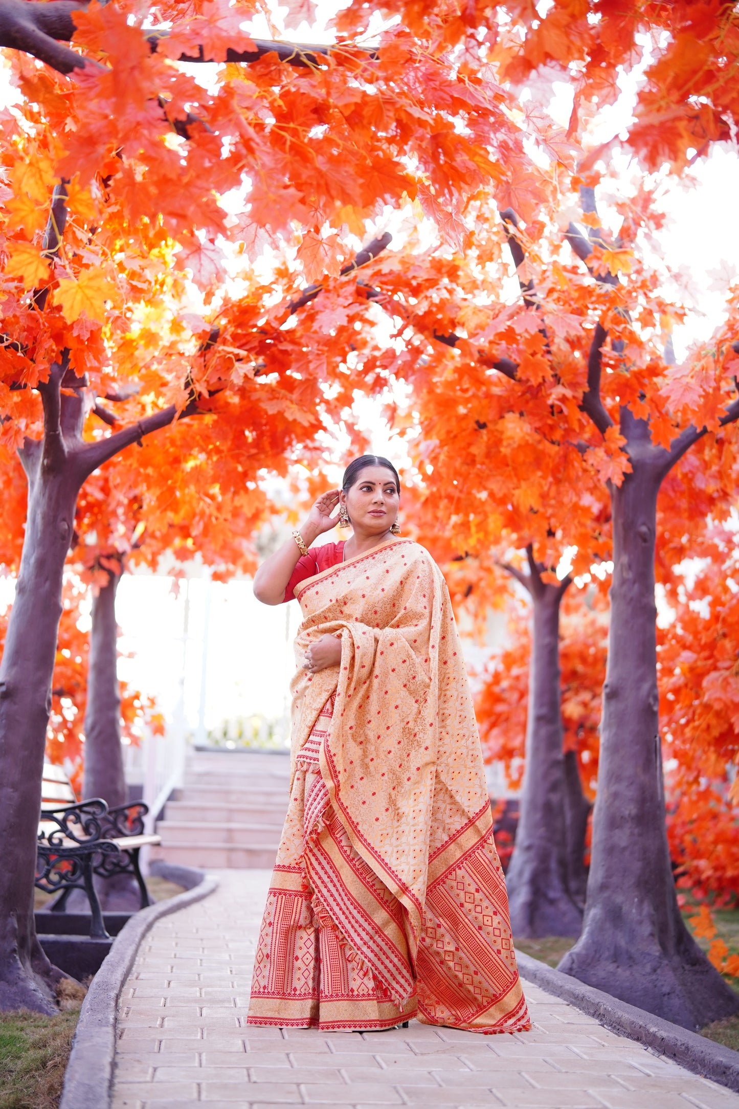 The "Swarna Raga" Handwoven Silk Mekhela Sador with Ruby Motifs & Golden Zari