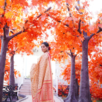 The "Swarna Raga" Handwoven Silk Mekhela Sador with Ruby Motifs & Golden Zari