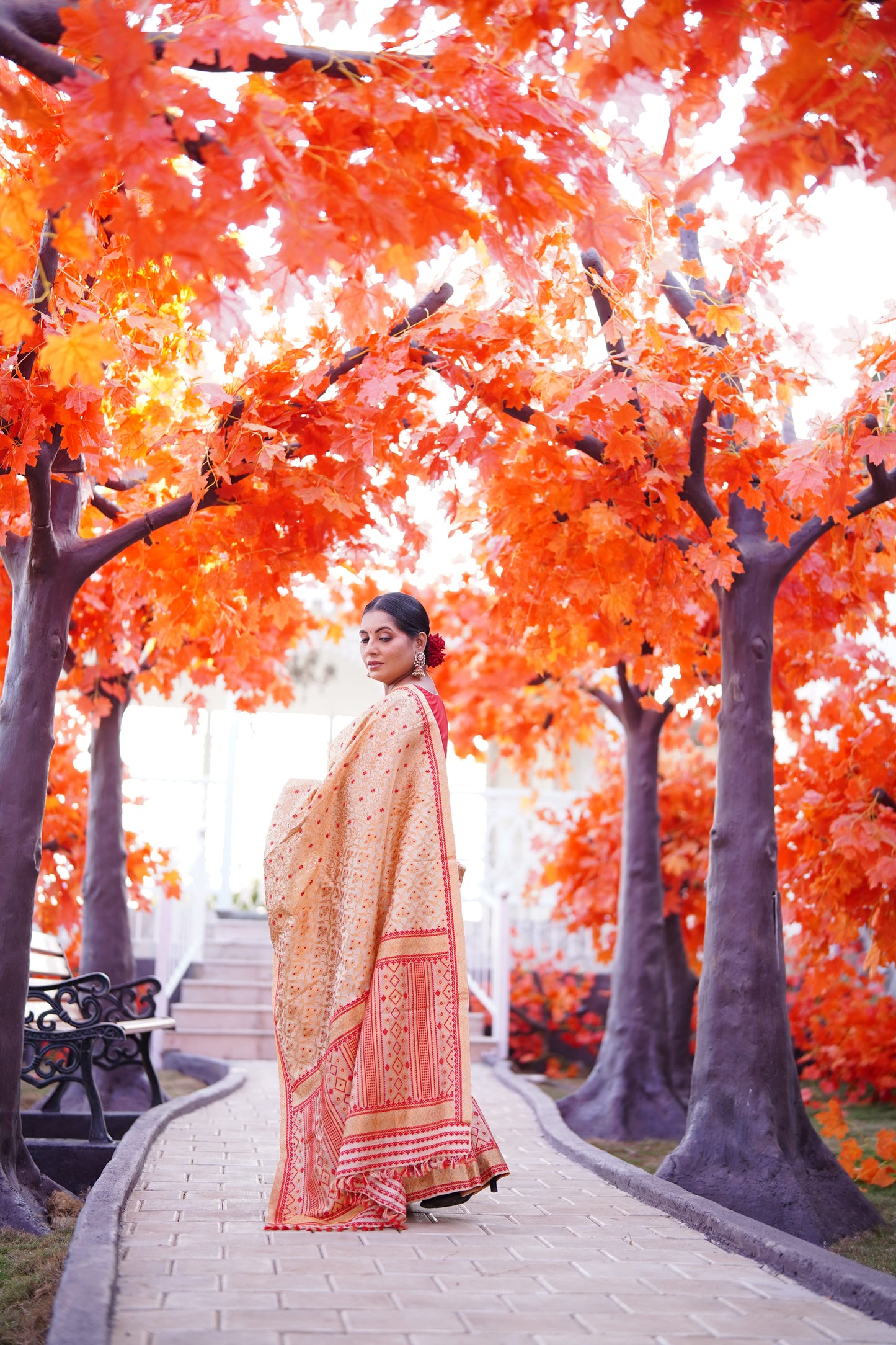 The "Swarna Raga" Handwoven Silk Mekhela Sador with Ruby Motifs & Golden Zari