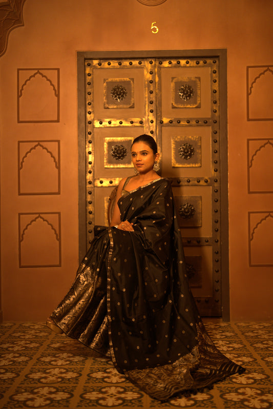 The "Midnight Silver" Handwoven Silk Mekhela Sador: A Timeless Statement