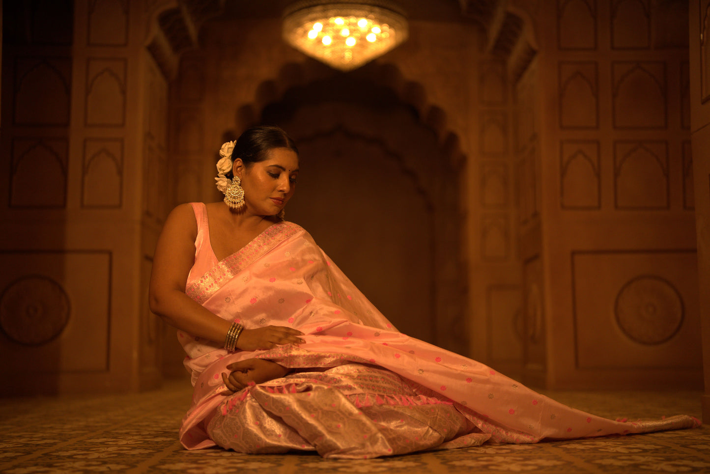 The "Blush Bloom" Handwoven Silk Mekhela Sador: An Aura of Gentle Grace