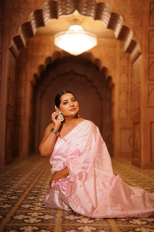 The "Blush Bloom" Handwoven Silk Mekhela Sador: An Aura of Gentle Grace