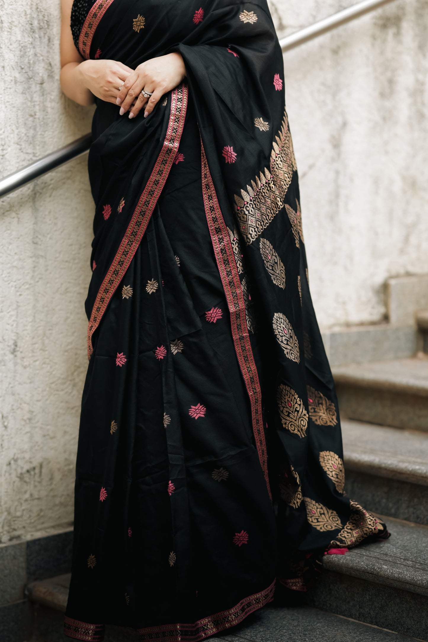 Obsidian Charm: Contemporary Modal-Mulberry Silk Saree with Floral Whispers