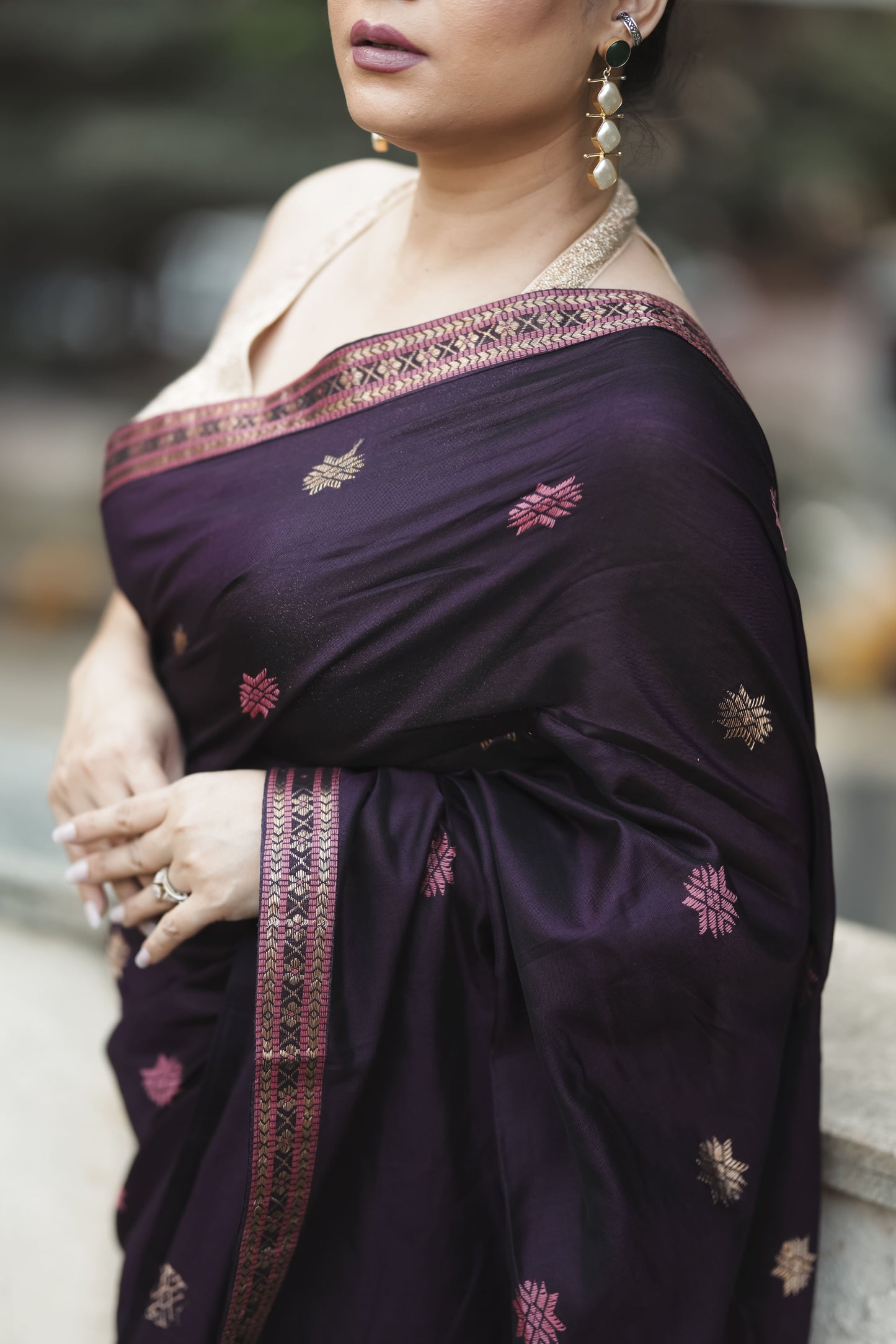 Plum Haze: Contemporary Modal-Mulberry Silk Saree with Floral Weave