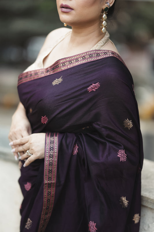 Plum Haze: Contemporary Modal-Mulberry Silk Saree with Floral Weave