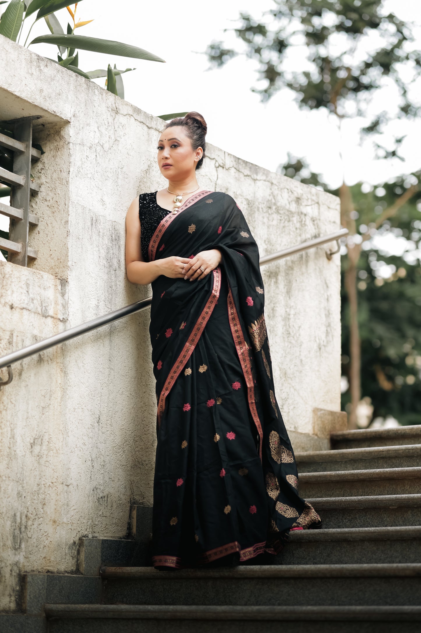 Obsidian Charm: Contemporary Modal-Mulberry Silk Saree with Floral Whispers