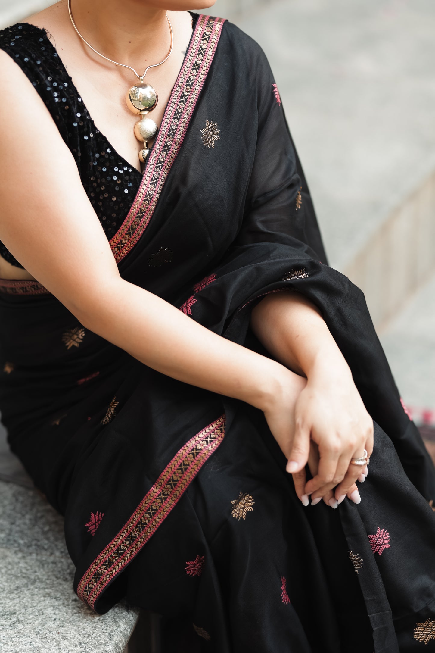 Obsidian Charm: Contemporary Modal-Mulberry Silk Saree with Floral Whispers