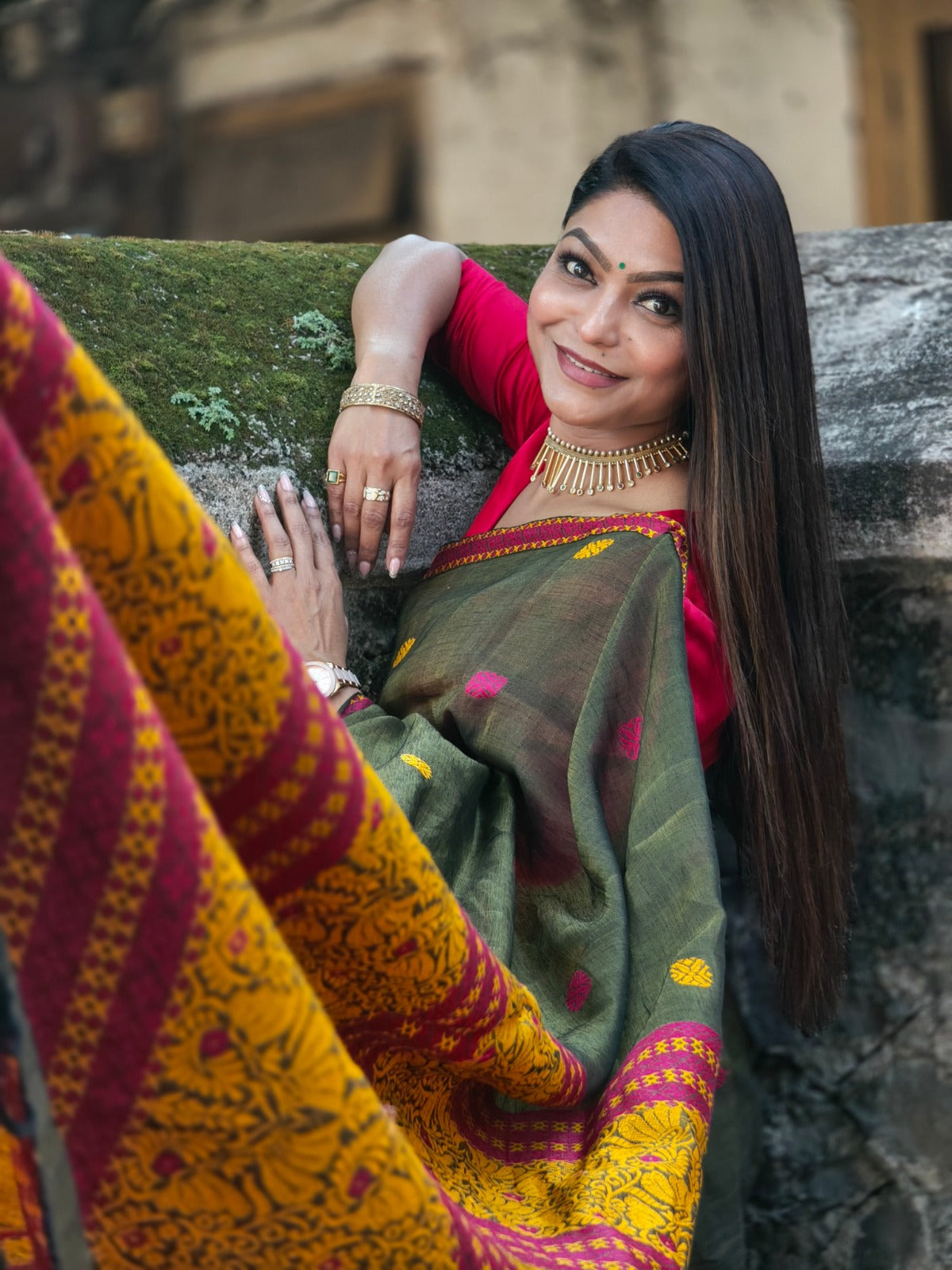 Kaaya Green | Handwoven Cotton–Raw Silk Blend Saree