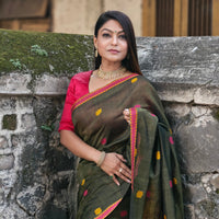 Kaaya Green | Handwoven Cotton–Raw Silk Blend Saree