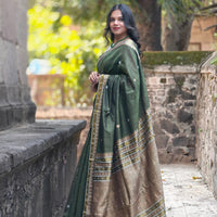 KAAYA OLIVE GREEN | Handwoven Cotton Saree with GOLDEN ZARI WORK