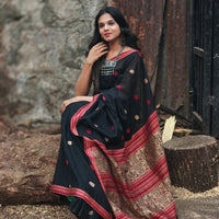 Kaaya BLACK | Handwoven Cotton–Raw Silk Blend Saree