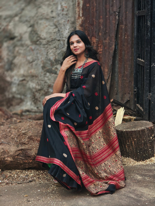 Kaaya BLACK | Handwoven Cotton–Raw Silk Blend Saree