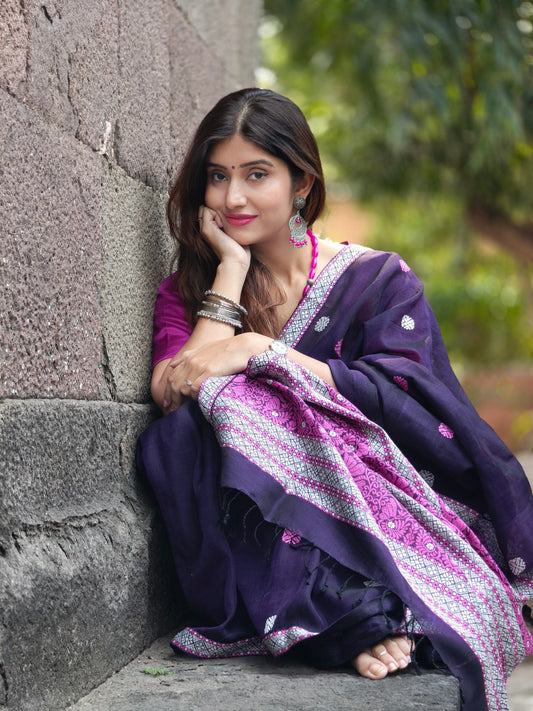 Kaaya Purple | Handwoven Cotton–Raw Silk Blend Saree