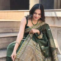 KAAYA OLIVE GREEN | Handwoven Cotton Saree with GOLDEN ZARI WORK