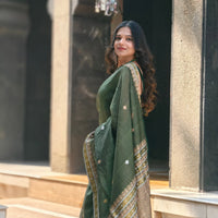 KAAYA OLIVE GREEN | Handwoven Cotton Saree with GOLDEN ZARI WORK