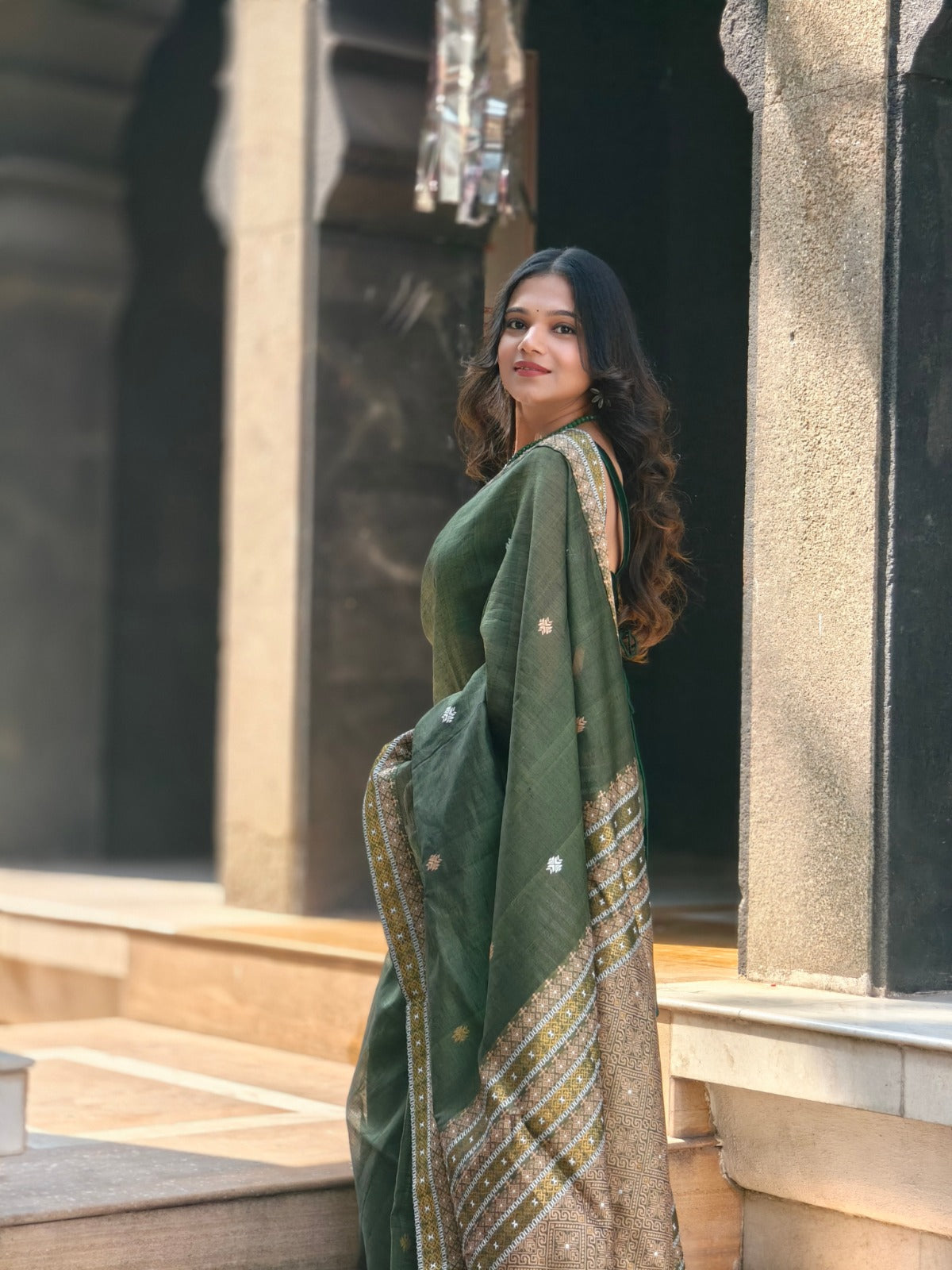 KAAYA OLIVE GREEN | Handwoven Cotton Saree with GOLDEN ZARI WORK