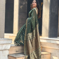 KAAYA OLIVE GREEN | Handwoven Cotton Saree with GOLDEN ZARI WORK