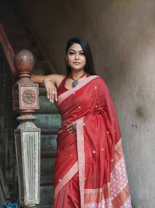 Kaaya Red | Handwoven Cotton Raw Silk Blend Saree