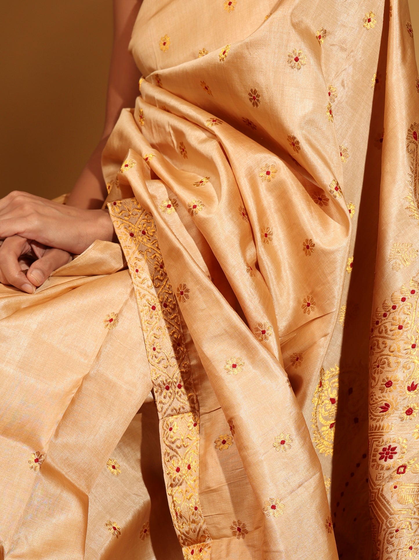 Golden Beige Tussar Silk With Zari Floral Butis