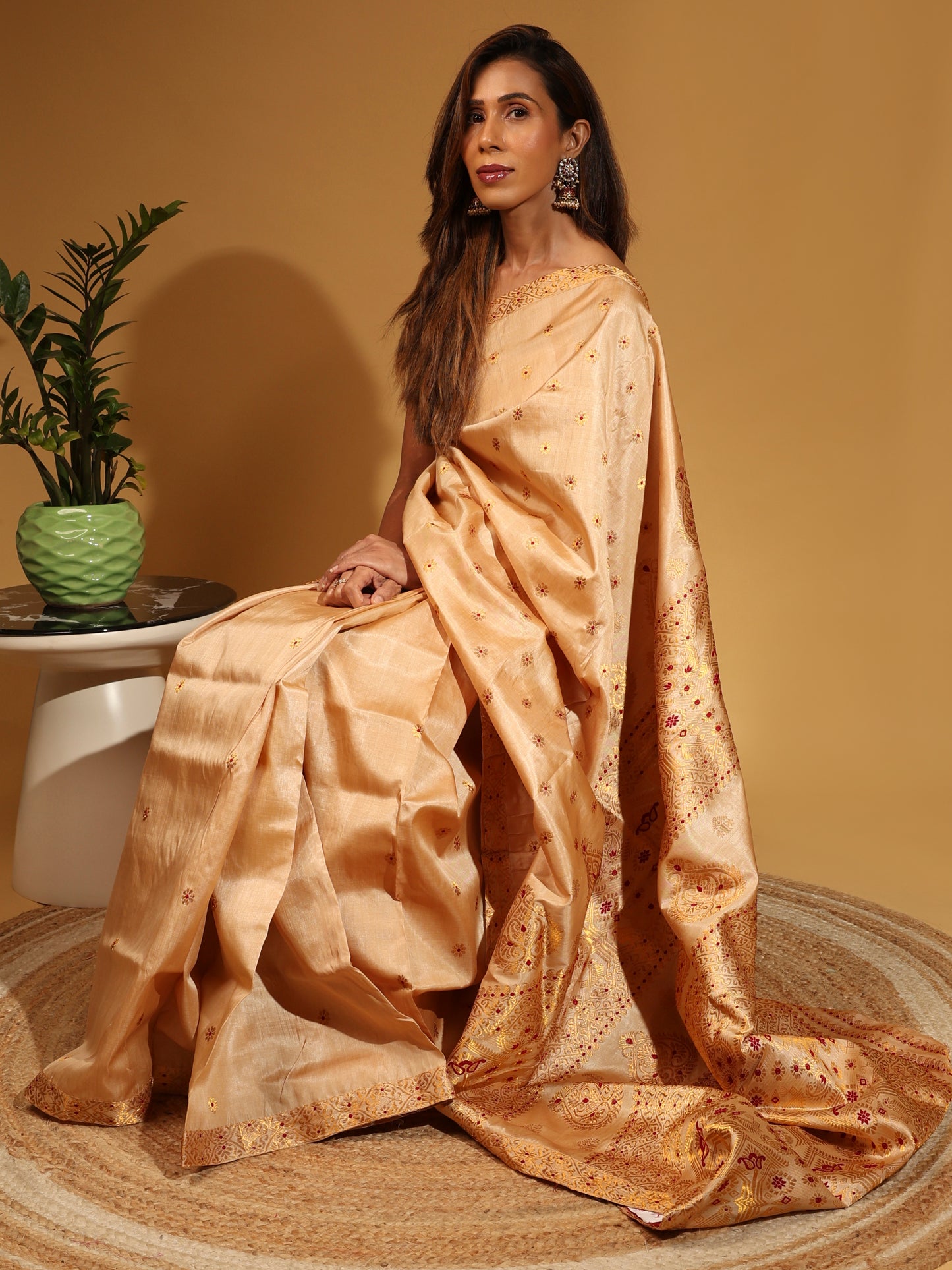 Golden Beige Tussar Silk With Zari Floral Butis