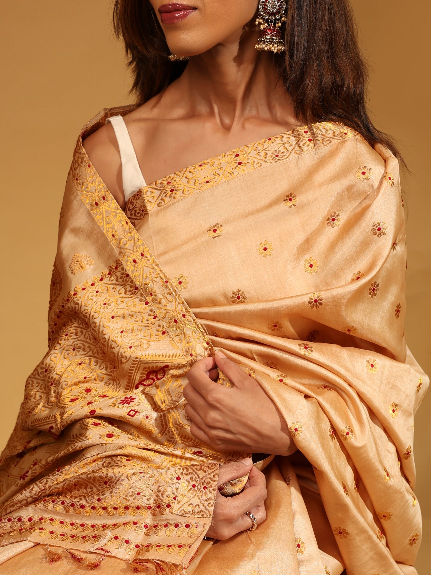 Golden Beige Tussar Silk With Zari Floral Butis