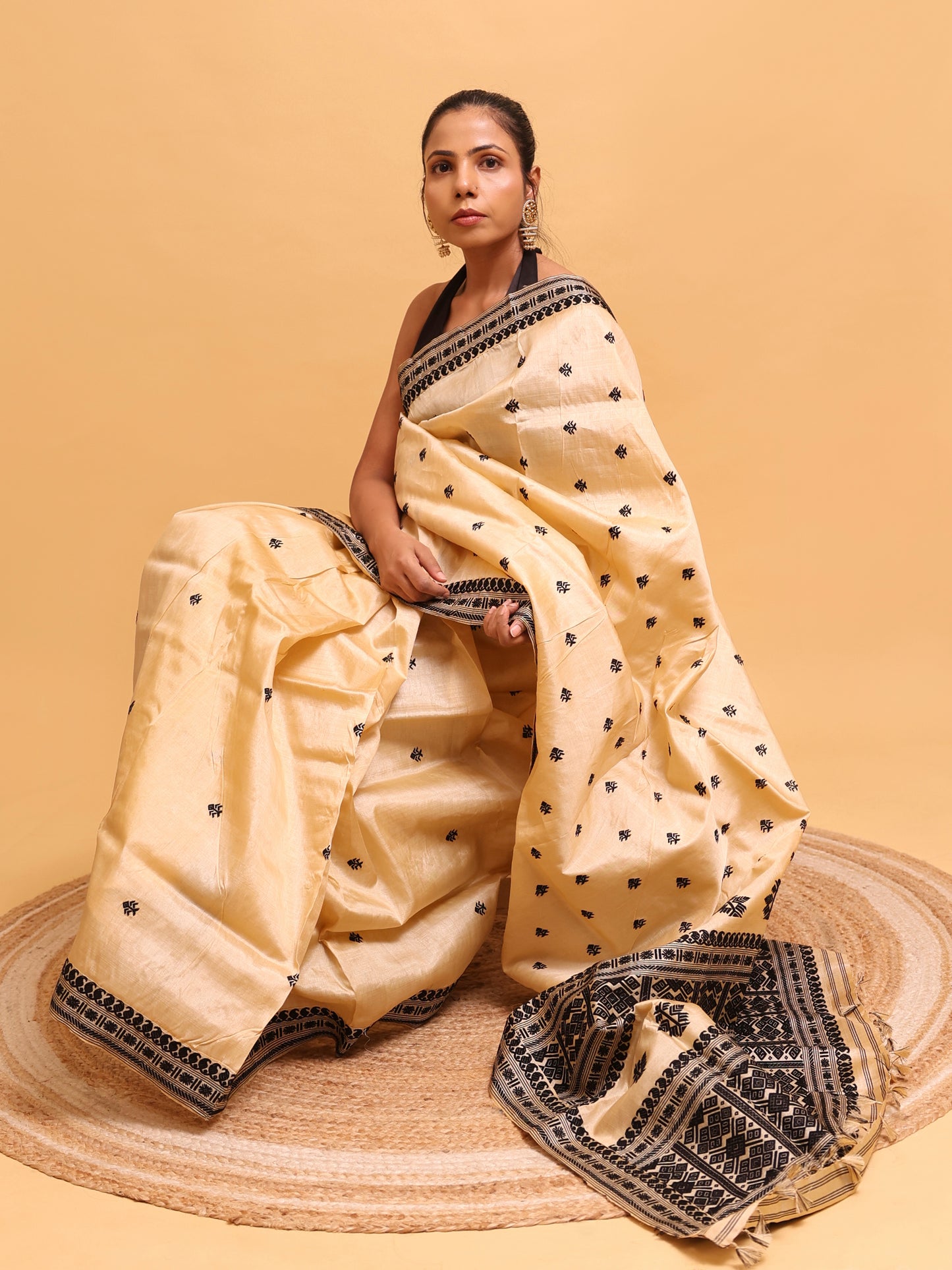 Tussar Silk With Black Thread Work
