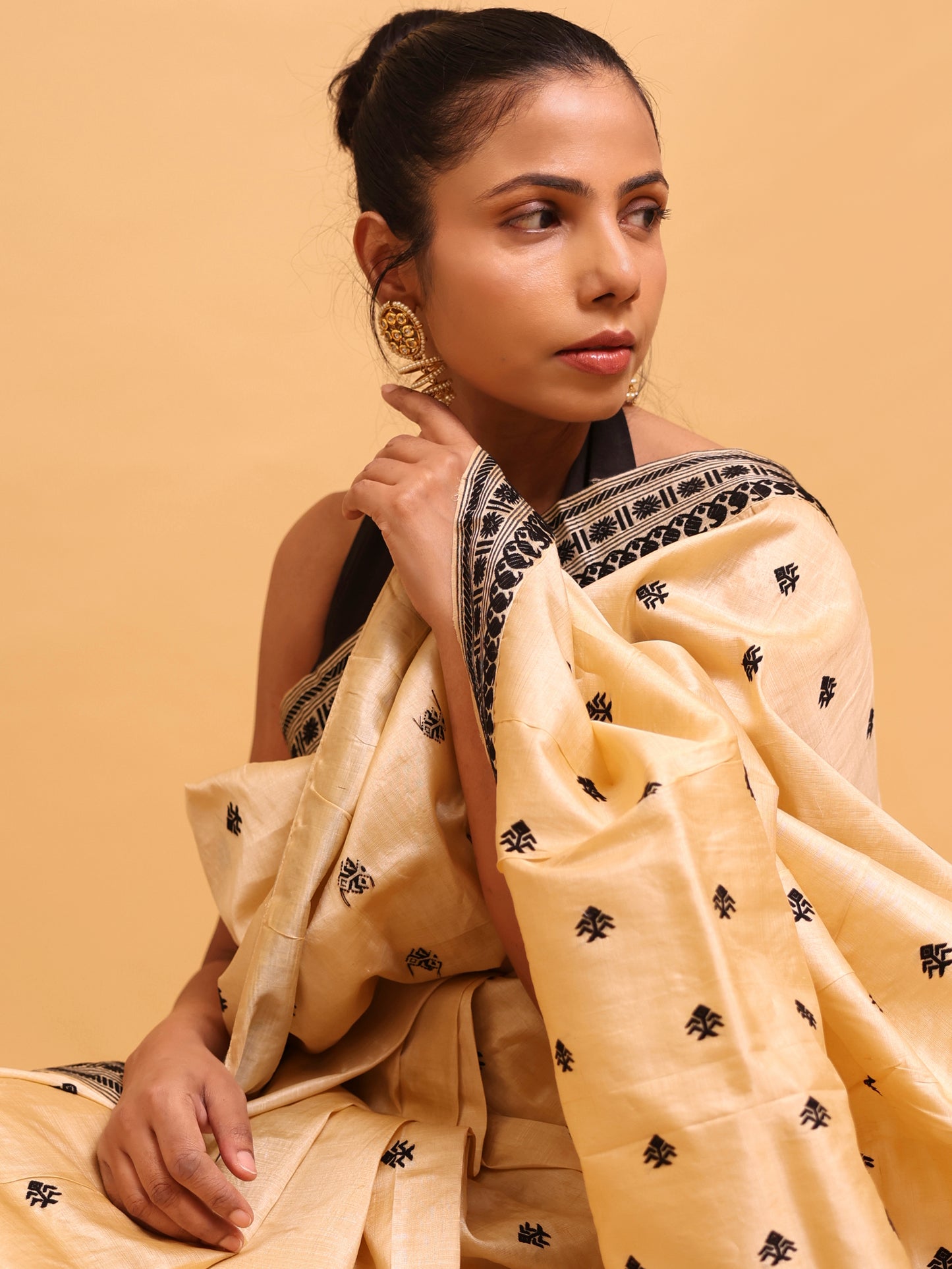Tussar Silk With Black Thread Work