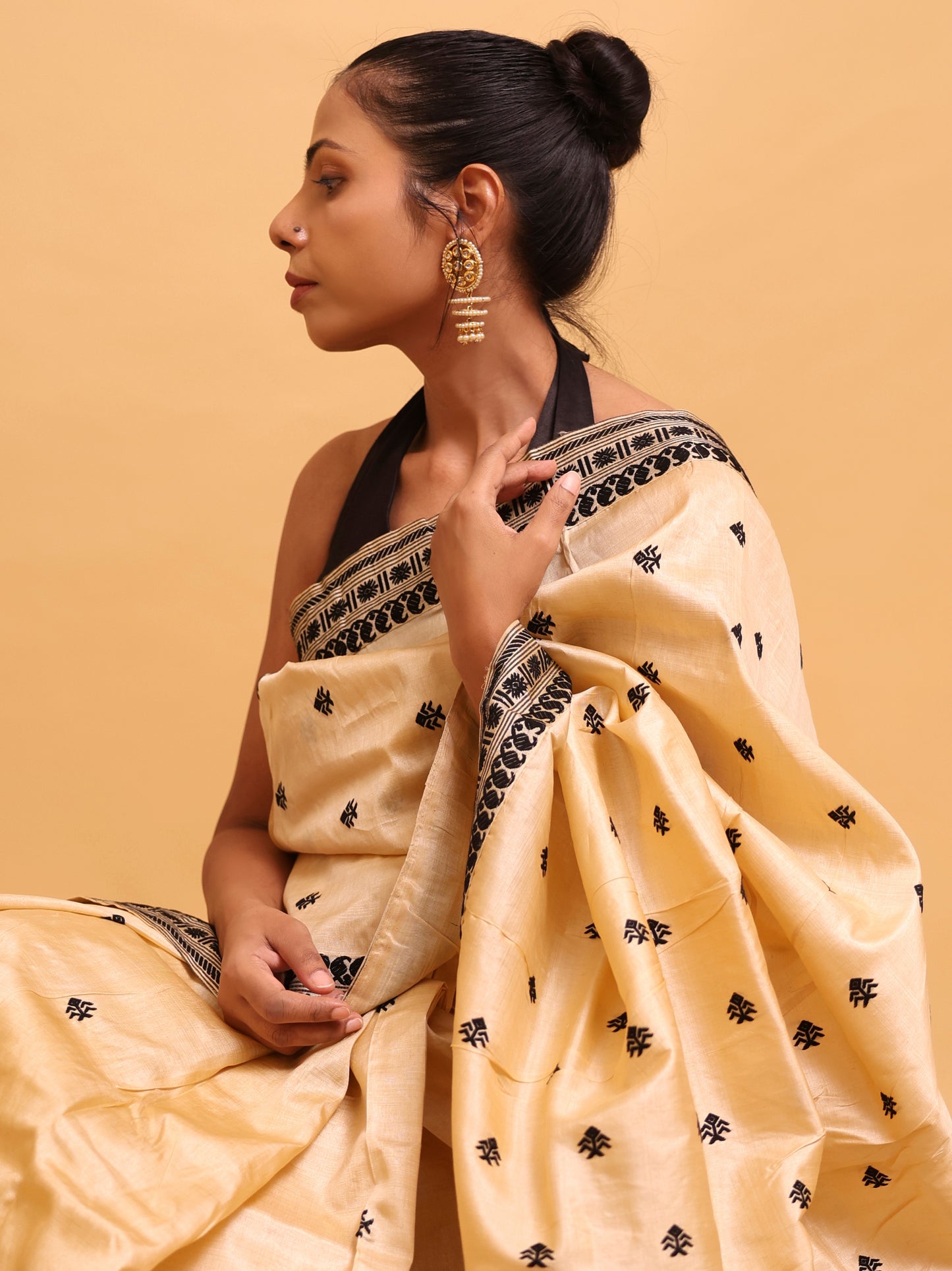 Tussar Silk With Black Thread Work